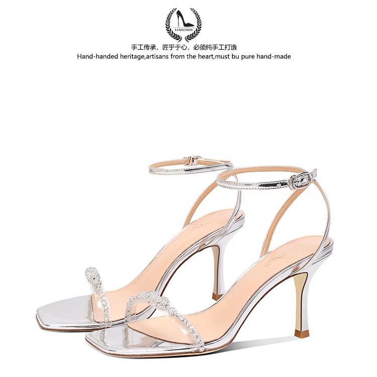 2025 Ice French Fairy Style Transparent Strap Sandals Open Toe Silver Rhinestone Stunning Thin Heel High Heels for Women