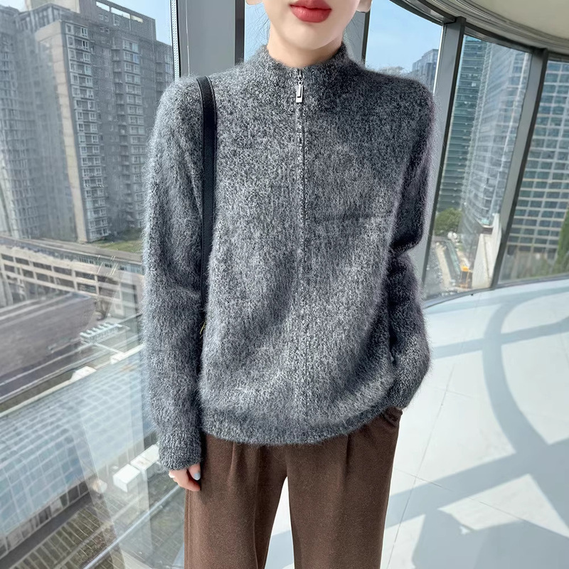 Real Mink Velvet Comfortable Non-Irritating Pure Mink Velvet Floral Yarn Half-High Collar Knitted Cardigan with Zipper, Soft and Warm Women's Top Jacket Real Mink Velvet Comfortable Non-Irritating Pure Mink Velvet Floral Yarn Half-High Collar Knitted Cardigan with Zipper, Soft and Warm Women's Top Jacket
