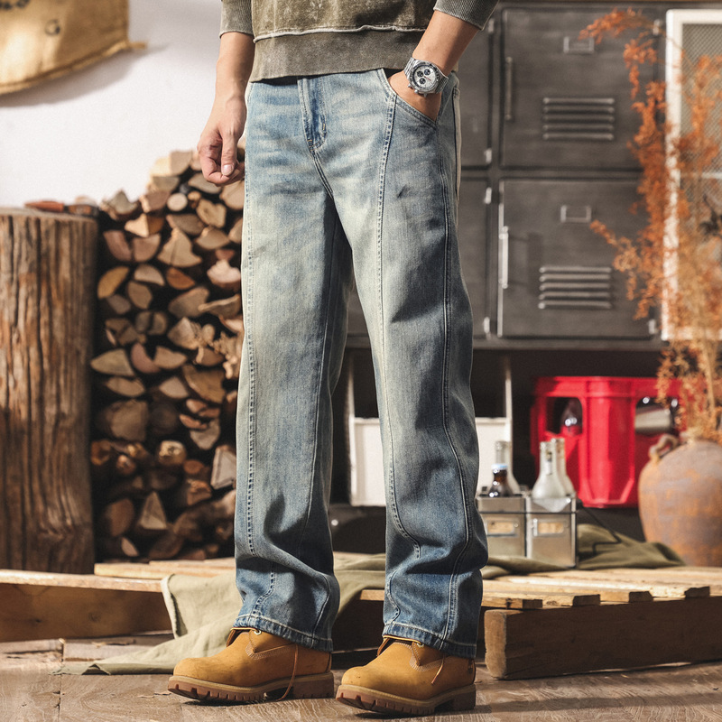 American Retro Jeans for Men, Straight-Leg, 2026 New Trendy Brand, Patchwork, Loose Fit, Spring and Autumn, Washed, Men's Casual Long Pants American Retro Jeans for Men, Straight-Leg, 2026 New Trendy Brand, Patchwork, Loose Fit, Spring and Autumn, Washed, Men's Casual Long Pants