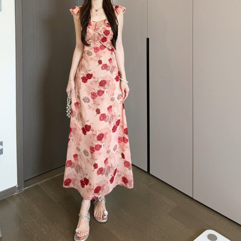 フレンチピンクの花柄サスペンダードレス女性の夏の2025新しいスタイルの美しい超見栄えの良い海辺の休暇ビーチロングドレス|undefined