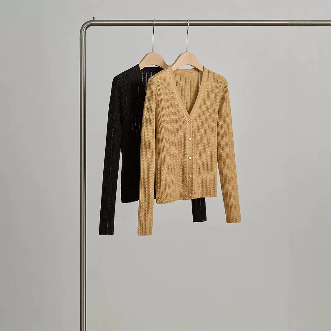 棉羊毛V领长袖针织开衫女桑蚕丝春秋外套高级感上衣修身毛衣外套