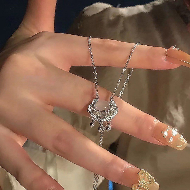 Peace lock silver ruyi bell moonstone chalcedony necklace # Xl012