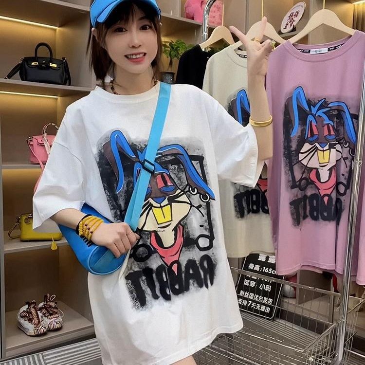 Gran tamaño gordo mm210 jin dibujos animados impresión conejo camiseta de manga corta mujer algodón cuello redondo diseño suelto sensación de nicho de moda