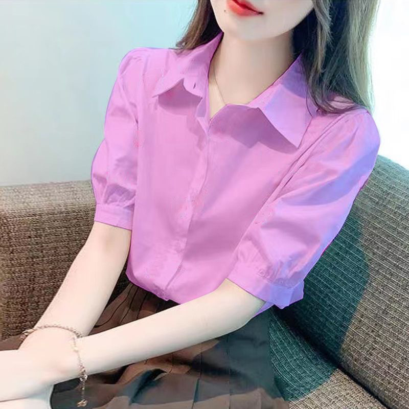 Polo Collar Shirt for Women, New Summer Korean Version, Loose Plus-Size Top, Stylish Solid Color Blouse with Puff Sleeves, Trendy