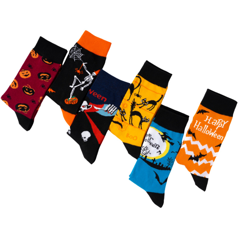 Halloween Crew Socks For Men With Spooky Pumpkin Bat Skull Design_voghion.com