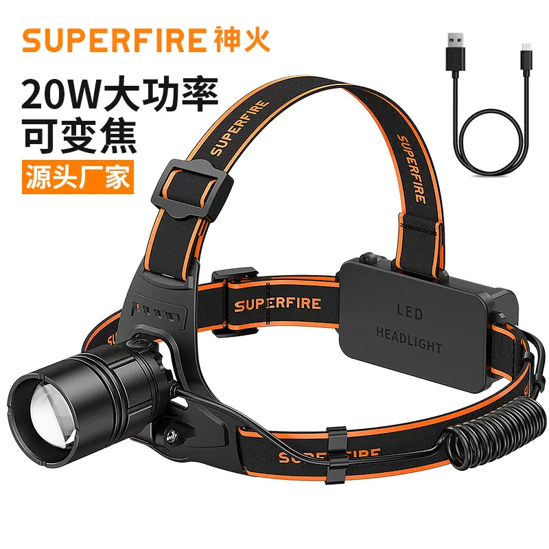 神火锂电头灯20W高亮远射户外运动强光充电旋转变焦led头灯批发
