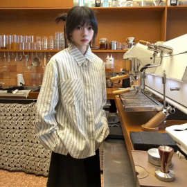 vintage白色条纹长袖衬衫男秋季miu系高智感防晒衬衣休闲情侣外套