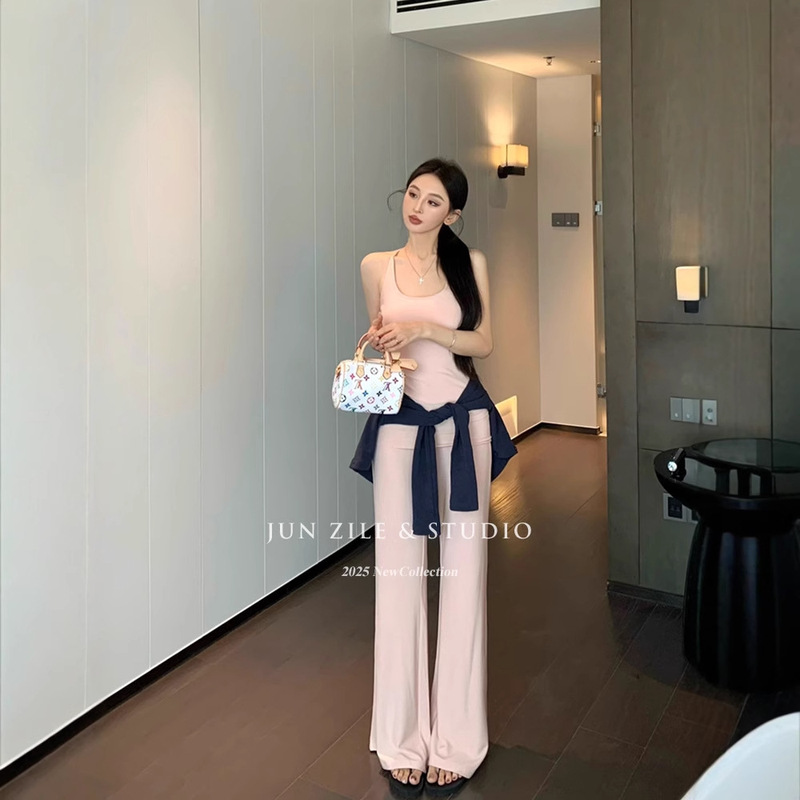 Women's Clothing Set Casual Drape Pants with a Folded Waistband, Slightly Flared Long Pants, Pure Desire Camisole with Chest Pads for Women