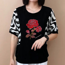 2025夏装中老年妈妈新款肥胖大码女装印花烫钻宽松短袖打底衫百搭