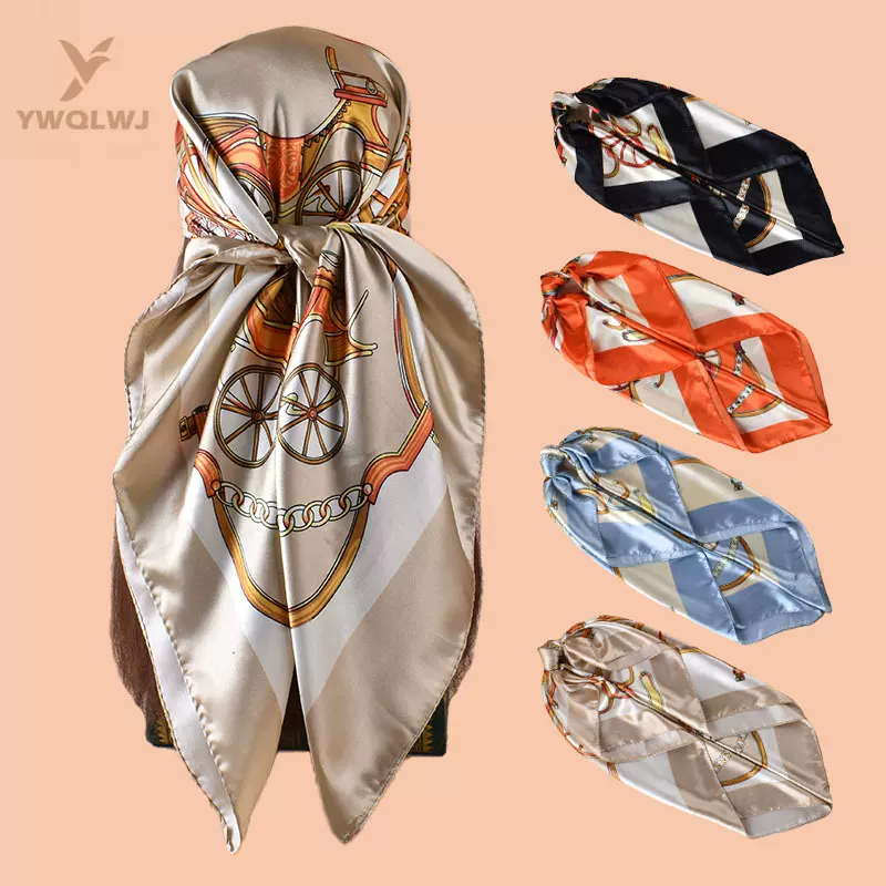 新款女士90CM色丁马车印花方巾外搭防晒包头丝巾装饰围巾批发