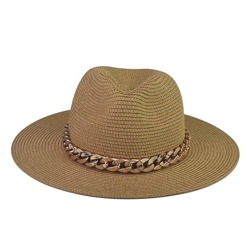 Comercio exterior transfronterizo Four Seasons Sombrero de paja de cadena grande de oro Cadena de sombrero de paja de Jazz de ala grande Sombrero de paja de tapa plana