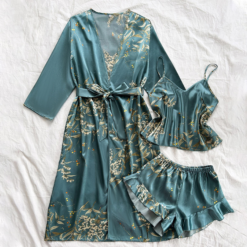 Camisola de cuatro estaciones de las mujeres Camisón con cordones camisón de dos piezas delgada ropa exterior traje de pijama de longitud media