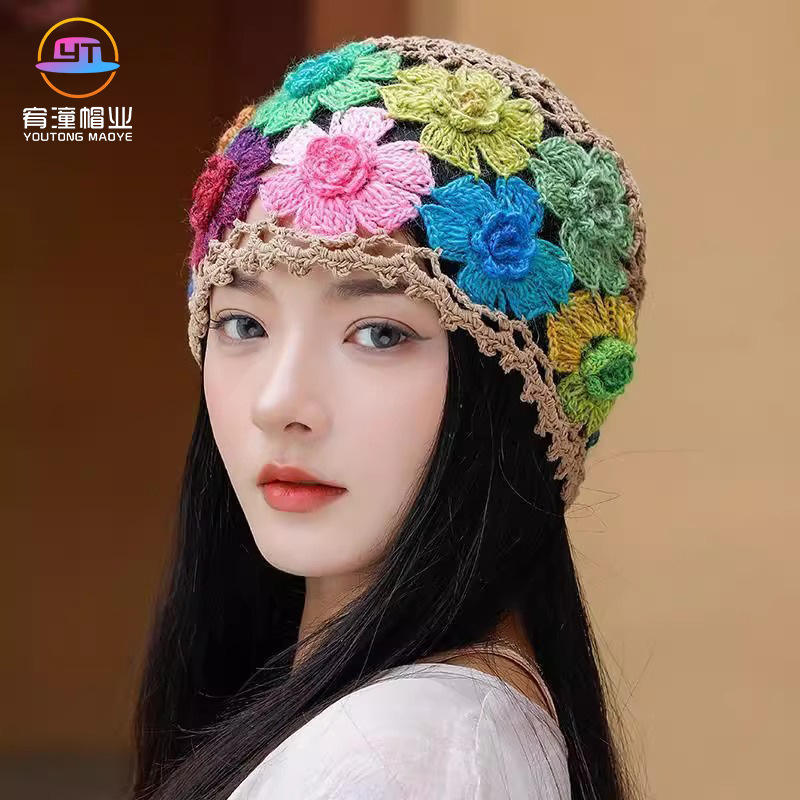 春秋款手工帽子女套头帽纯手工钩织百搭针织帽女士镂空钩花毛线帽
