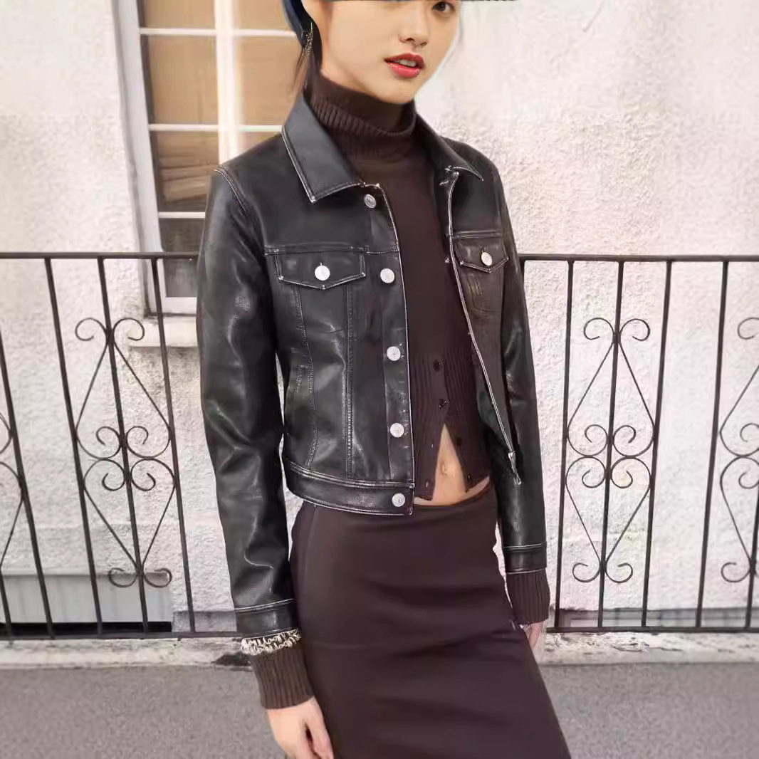 小众设计 做旧正肩修身皮夹克 水洗皮衣pu皮翻领外套修 身皮夹克