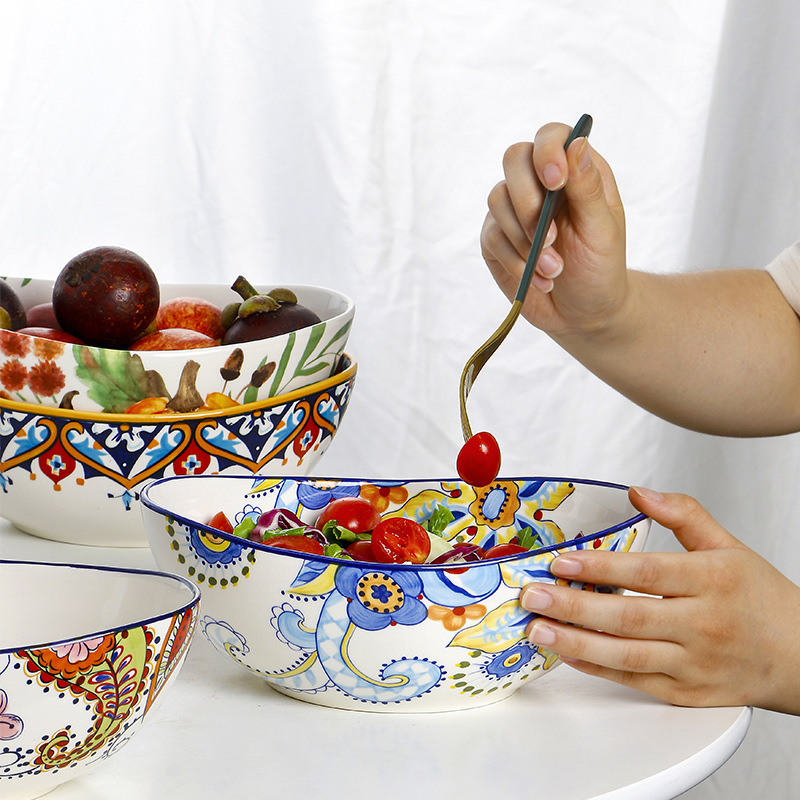 European and American Style Creative Fruit Salad Bowl Personalized Ceramic Oval Household Bowl Large Size Cartoon Good-looking Bowl