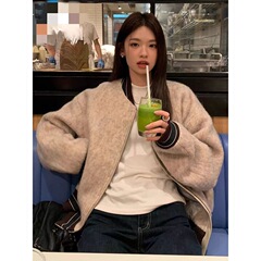 美式复古毛呢外套女2025秋冬新款加厚棉服拉链棒球服夹克宽松上衣