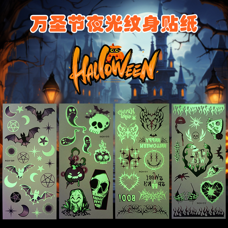 Cross-Border Halloween Tattoo Stickers Luminous Face Stickers Arm Waterproof Carnival Party Semi-Permanent Makeup Stickers Wholesale