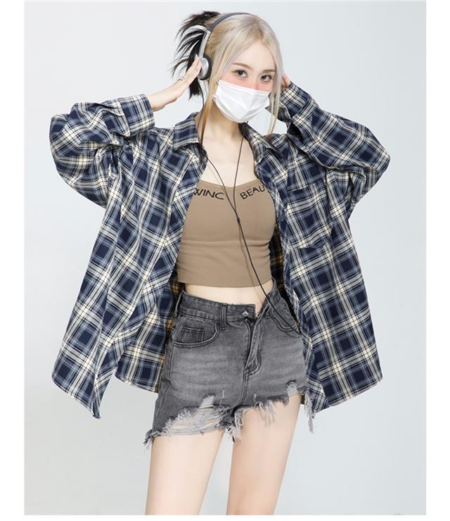幂式穿搭格子衬衫女慵懒风复古宽松衬衣开衫外套长袖上衣春秋季