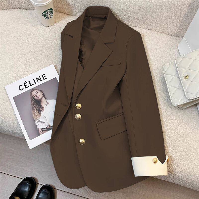 Áo blazer vest nữ thiết kế cao cấp dáng suông, tay dài, cổ vest, phối màu, phong cách Hàn Quốc — Khoai môn tím, gừng vàng, màu xanh ngọc lục bảo, màu xanh nhạt chi tiết 3