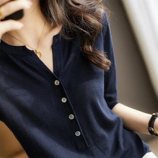 In stock five-quarter sleeve shirt early spring and summer 2023 new ice silk sweater thin loose spring top women's half sleeve