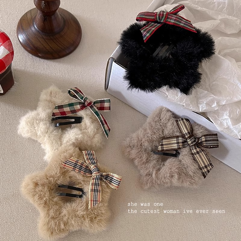 Arco de peluche estrella pentagonal clip de cabello frente lateral clip de frangeo detrás de la cabeza cabello roto BB tocado de invierno mujer