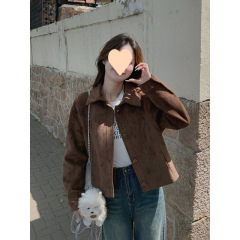 咖色复古麂皮绒外套女春秋季新款时尚宽松翻领小个子短款夹克上衣
