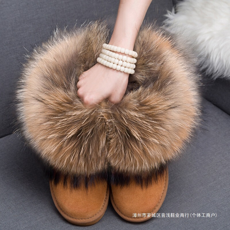 Fur Integrated Fox Fur Snow Boots for Women, Genuine Leather Low-Cut Cowhide Snow Boots, Raccoon Fur Inner Heightening Short Boots for Men