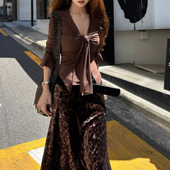 辣妹绑带针织莫代尔长袖内搭秋设计感修身显瘦上衣+半身裙套装女