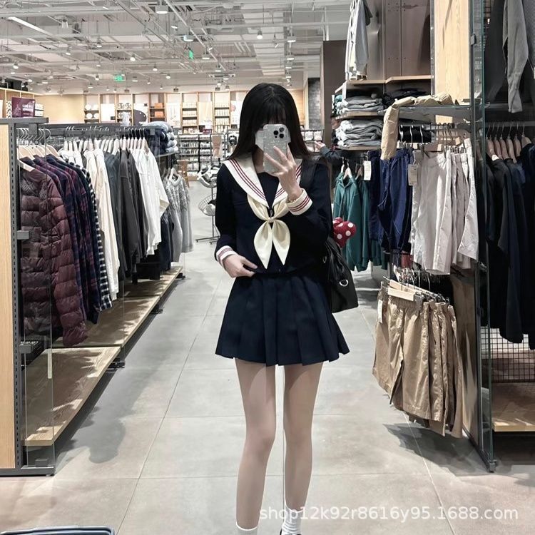 Authentic Jk Uniform Set for Women, Japanese School Style, Cyan Sailor Suit with Badge, Pleated Skirt, Student Sailor Suit