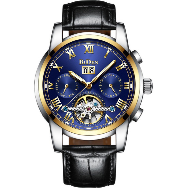 BIDEN reloj mecánico automático multifuncional para hombres hueco transparente volante cinturón de acero reloj de regalo 0190