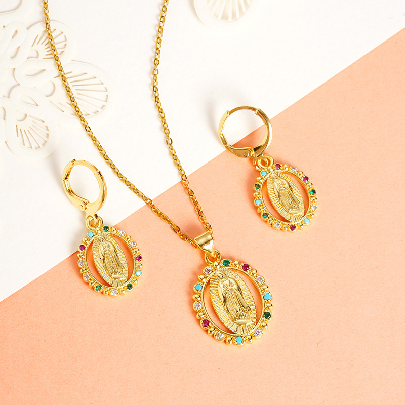 Vietnam Shajin Estilo europeo y americano Retro Dip Diamond Nuestra Señora Collar Mujeres Pendientes de circón con incrustaciones de lujo ligero Fuente de joyería de todo fósforo