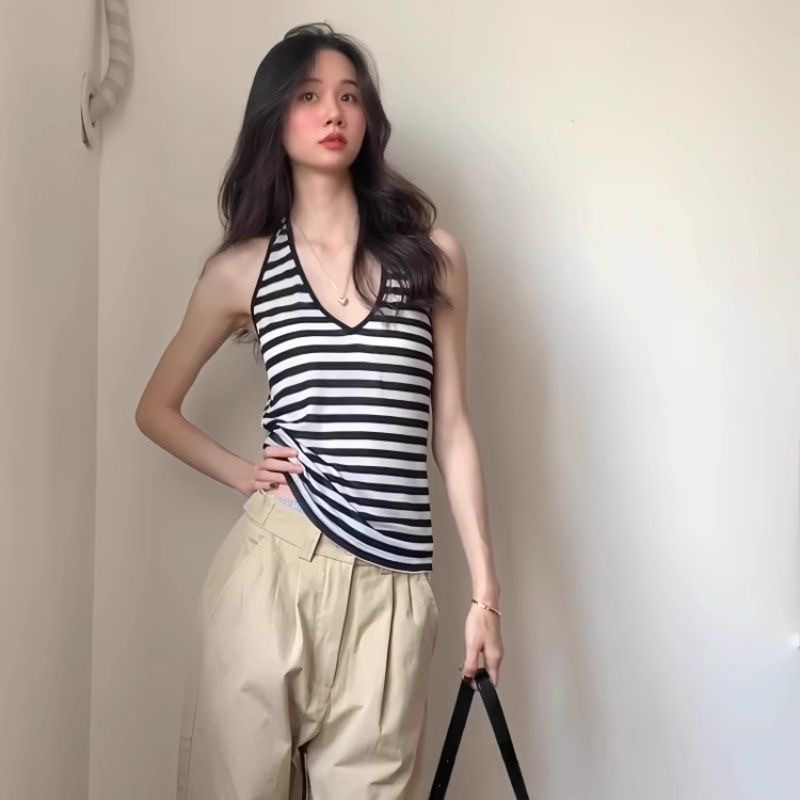 Pure Desire American Style Halter Neck Striped Backless Camisole for Women, Summer Outerwear Sweet and Spicy Girl Halter Neck Camisole Top Pure Desire American Style Halter Neck Striped Backless Camisole for Women, Summer Outerwear Sweet and Spicy Girl Halter Neck Camisole Top