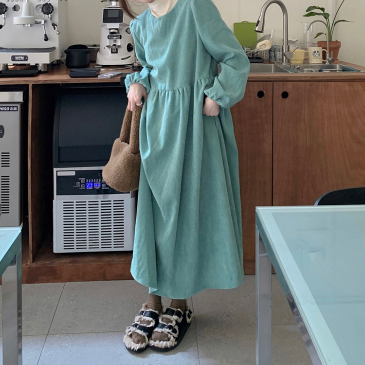 茶休フレンチコーデュロイワンピース女性秋高級感レトロ気質ウエスト森系優しい風初恋ロングスカート|undefined