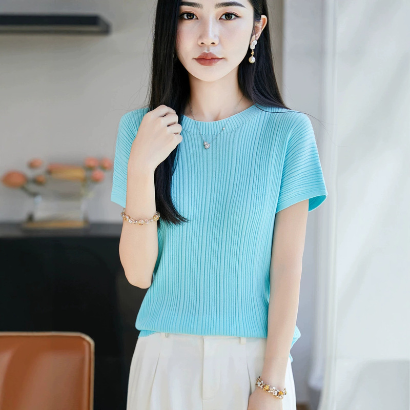 2026 Spring and Summer New Style Tencel Lyocell Round Neck Knitwear Short-Sleeved Women's Pure Color Vertical Stripe Pullover T-Shirt