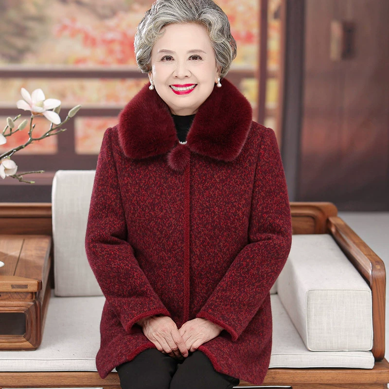 Осенне-зимнее новое шерстяное пальто для пожилых людей 70 лет 80 Old Lady Хлопок и утолщенное иностранное воздушное пальто платье для бабушки женское