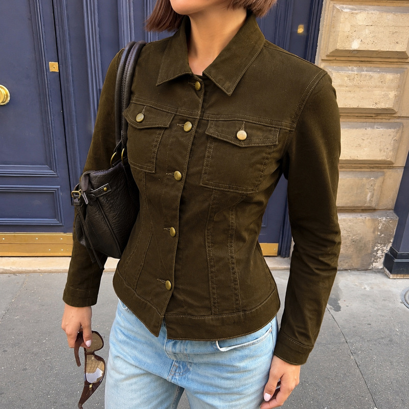 American-style street-style brown retro button-down shirt with a slim fit, flattering silhouette, and a trendy denim jacket for women
