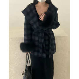 2025韩版百搭气质真袖毛双面羊毛大衣格子中长款连帽毛呢外套