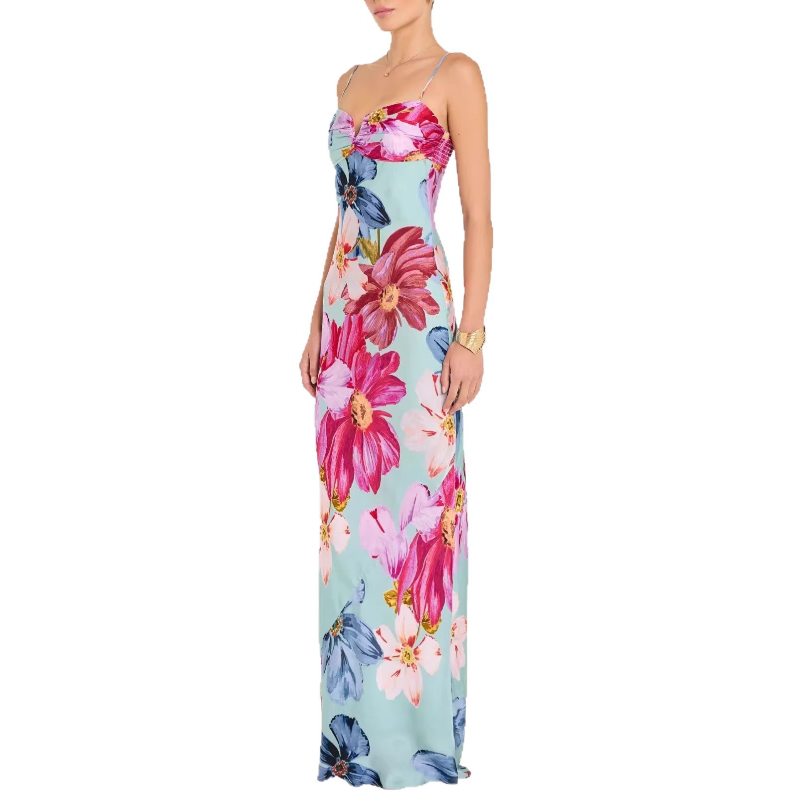 Women's Off-Shoulder Floral Print Dress Spaghetti Strap Bodycon Long Casual Elegant White Slim Fit_ecoleips.com