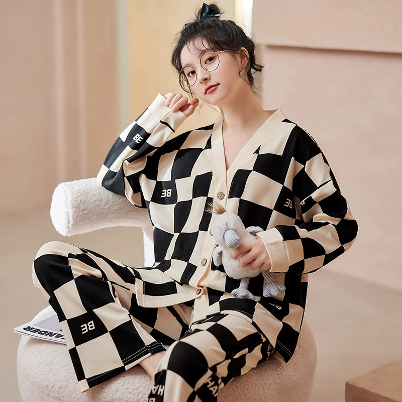 Хлопковая пижама женская весна и осень новый кардиган с длинными рукавами премиум-класса полный набор печати спот оптовая домашняя одежда женщина