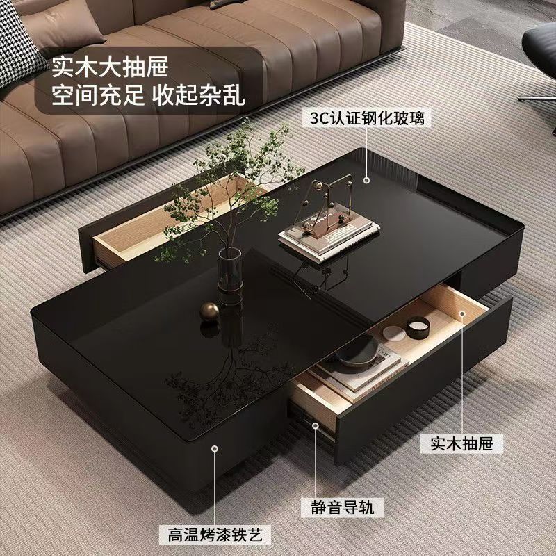Light Luxury Tempered Glass Coffee Table, Italian Minimalist Style, Retractable Storage Tea Table, Rectangular Tea Table for Small Apartments