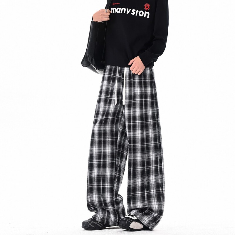 American Retro Lazy Style Plaid Wide-Leg Casual Pants for Men, Spring Season, Loose Straight-Leg Sports Floor-Length Trousers