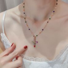 彩色锆石十字架项链 七彩水晶锆石十字架项链ins气质锁骨链