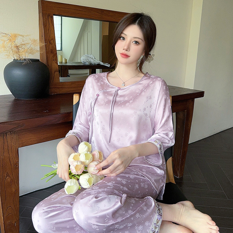 새로운 중국 자카드 국립 스타일 세트 9 소매 여성 잠옷 아이스 실크 이른 봄 편안한 긴 소매 홈 의류