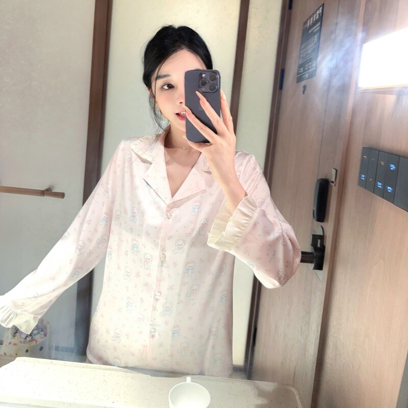 Yase [Dream Bear] New Ice Silk Pajamas Women's Spring Thin Pink Printed Casual Home Clothes Set