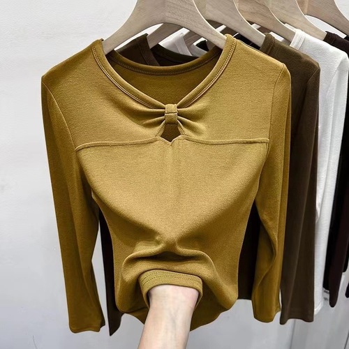 Bow-Knot Autumn/Winter Warm Base Layer Top for Women: Sleek, Thoughtfully Designed, Hollowed-Out Twist-Effect Long-Sleeve T-Shirt—A Fashionable Statement Piece for Her