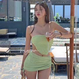 2026年新款分体纯色比基尼包臀裙性感显瘦辣妹网红度假泳衣bikini