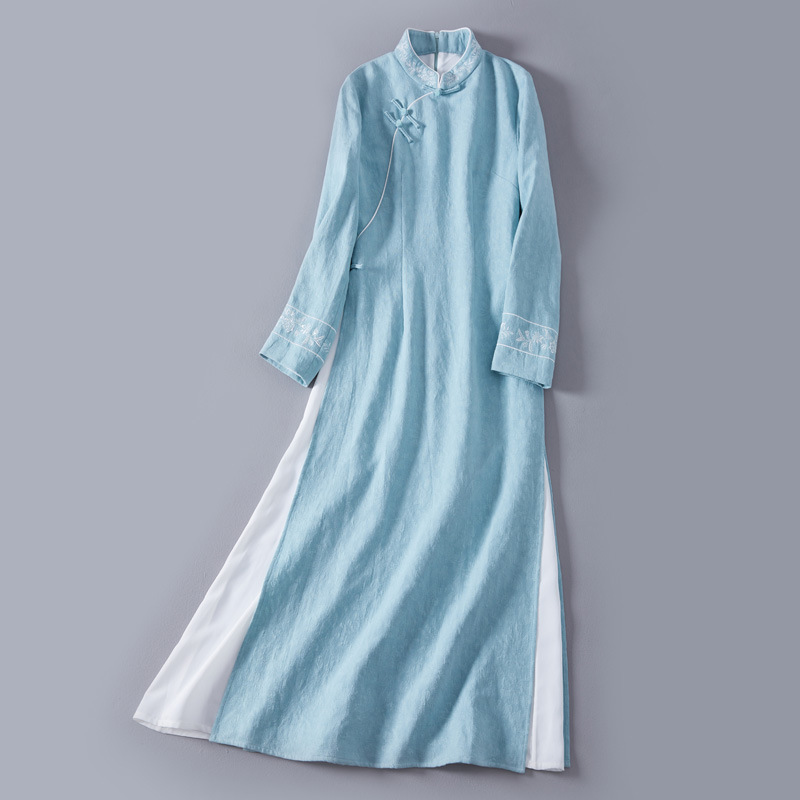 Chan Tea Fu 2021 Autumn and Winter Style Vintage Tea Suit Modified Odai Cheongsam Dress Slim Fit Cotton Linen Jacquard Dress Chan Tea Fu 2021 Autumn and Winter Style Vintage Tea Suit Modified Odai Cheongsam Dress Slim Fit Cotton Linen Jacquard Dress