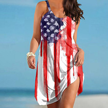 2024夏季新款欧美女装 美国独立日3d数码印花吊带裙跨境A板连衣裙