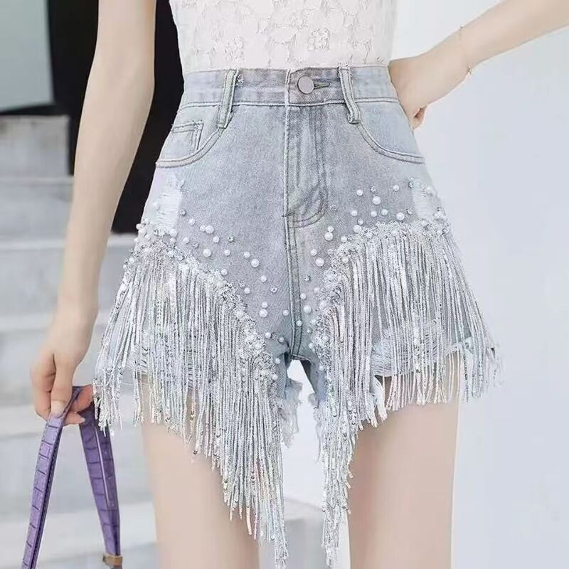 Denim Shorts Summer Ripped Pants 2025 New High-Waisted Slimming Heavy Sequin Tassel Hot Pants Trendy Jeans