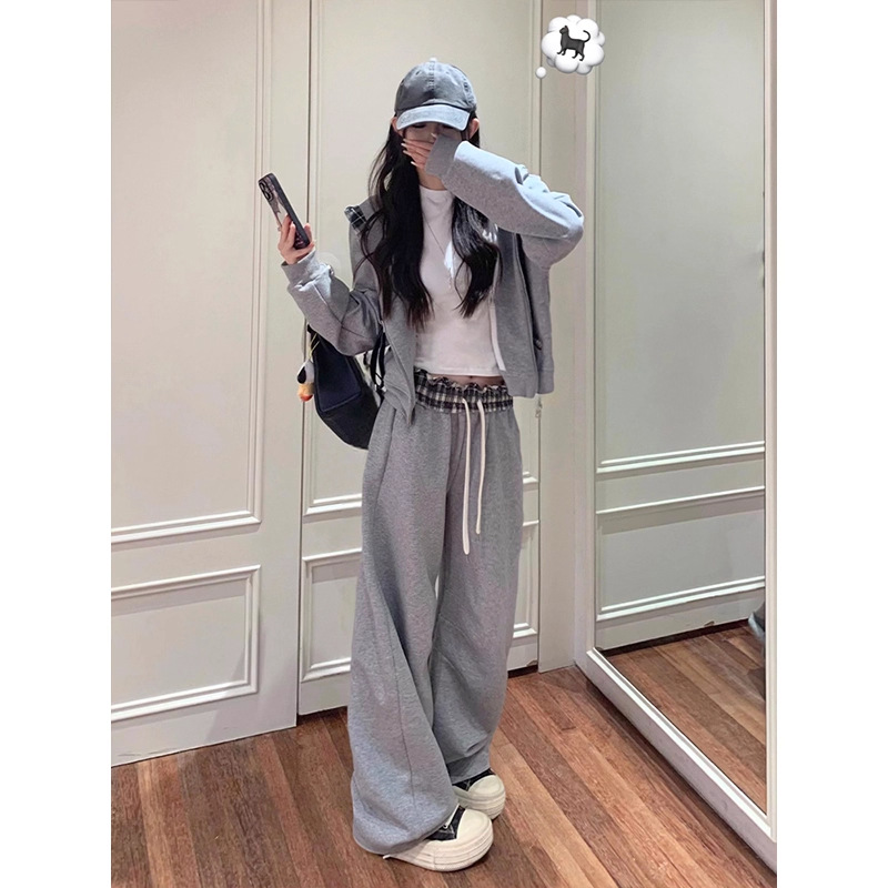 Casual High-End Sports Suit for Women, Autumn and Winter American Style Hooded Jacket with Wide-Leg Pants, Trendy Two-Piece Set